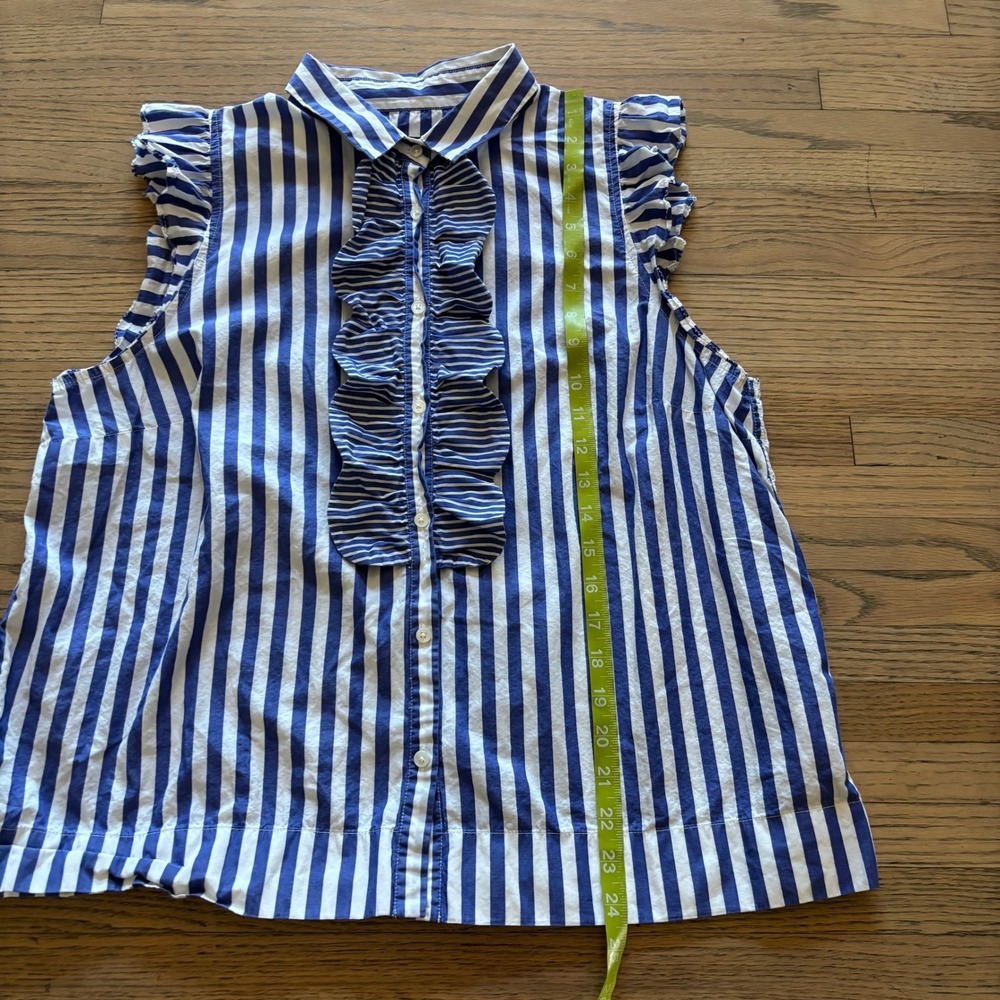J.Crew Womens Large Blue White Striped Ruffle Front Sleeveless Cotton Top - Picture 2 of 7
